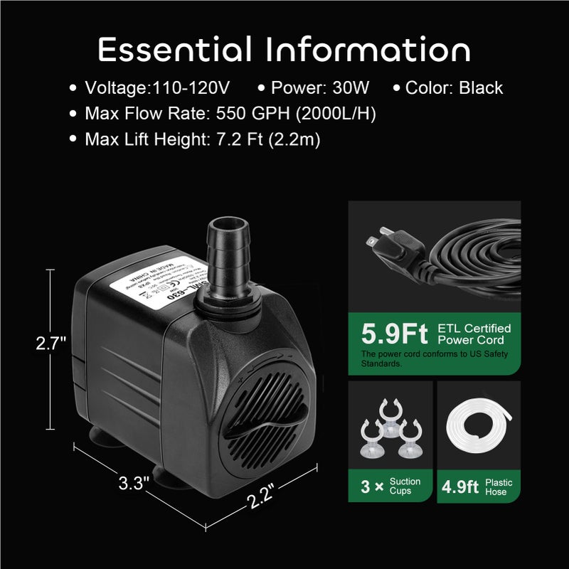 GROWNEER 550GPH Submersible Pump 30W Ultra Quiet Fountain Water Pump, 2000L/H, with 7.2ft High Lift, 3 Nozzles, 4.9 Feet Tubing for Aquarium, Fish Tank, Pond, Hydroponics, Statuary - Image 5